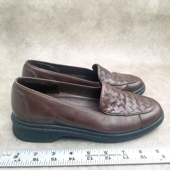 Clarks Womens Springers 31209 Size 7 Brown Leather Slip On Apron Toe Woven Loafe - Picture 6 of 10